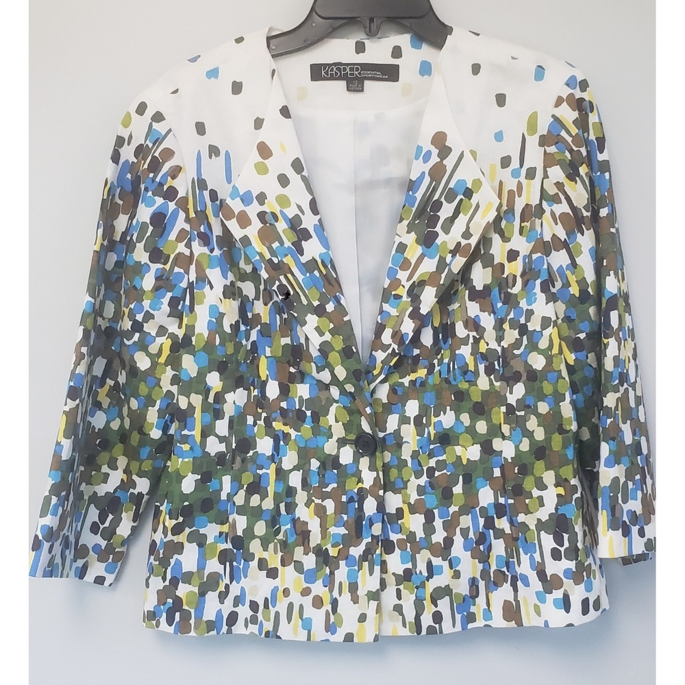 Kasper Womens Blazer Jacket Seperate Open Front 3/4 Sleeve White W/ Dots Size 12